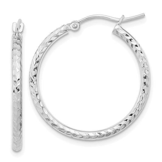 10k White Gold Diamond-cut 2mm Round Tube Hoop Earrings