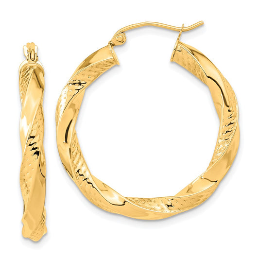 10k Polished & Textured Twist Hoop Earrings