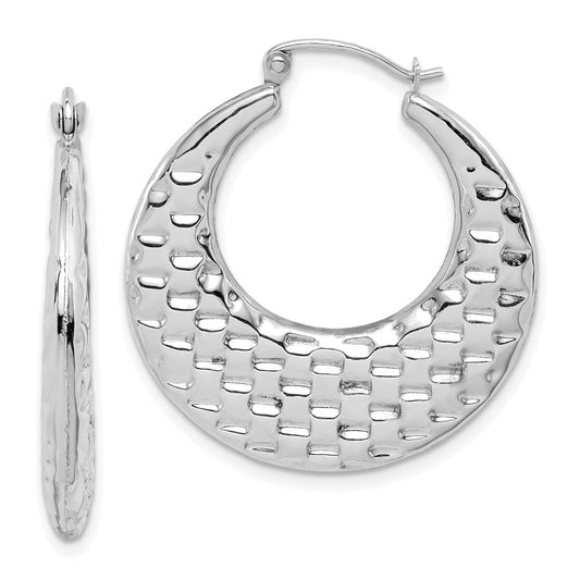10k White Gold Polished Textured Hoop Earrings