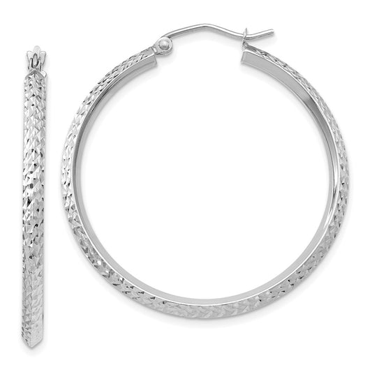 10k White Gold Knife Edge Diamond-cut 2.5x25mm Hoop Earrings