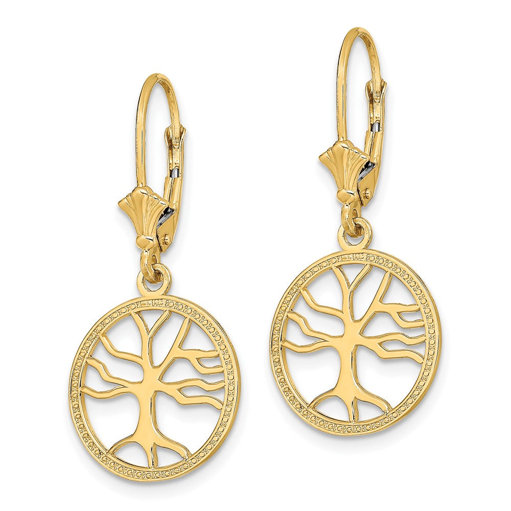 10K Tree of Life In Round Frame Leverback Earrings