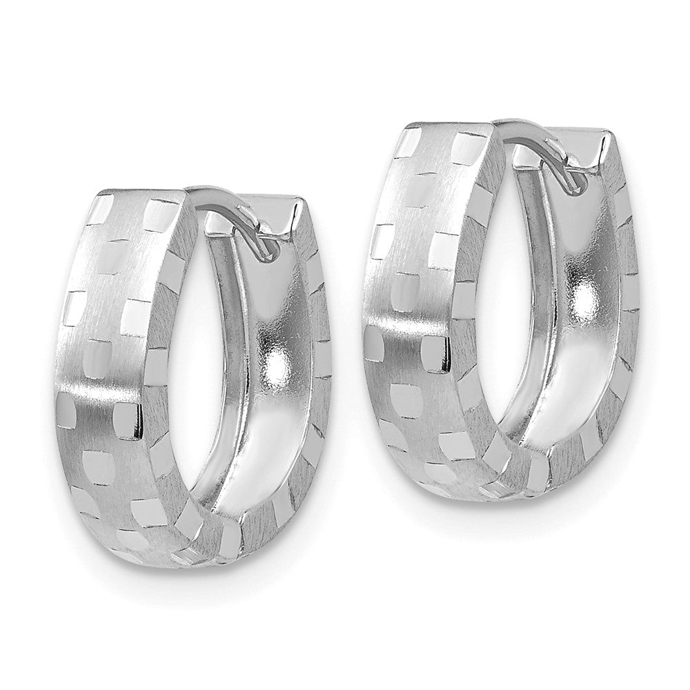 10k White Gold Diamond Cut 4mm Patterned Hinged Hoop Earrings