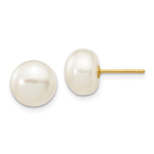 10k 8-9mm White Button Freshwater Cultured Pearl Stud Post Earrings