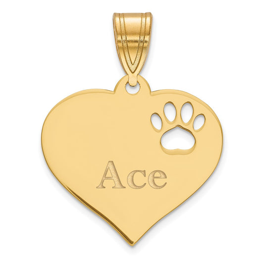 10k Yellow Gold Heart with Name and Paw Print Cut-out Pendant