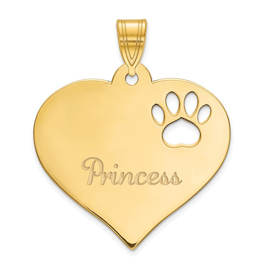 10k Yellow Gold Heart with Name and Paw Print Cut-out Pendant