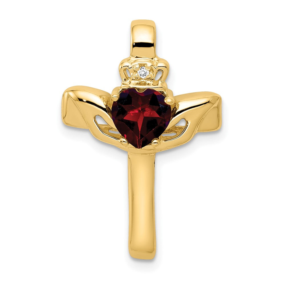 10k Garnet & AA Diamond Claddagh Cross Pendant