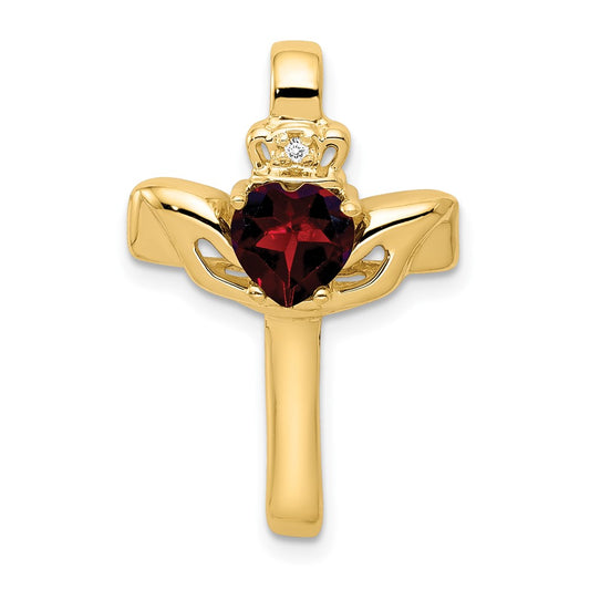 10k Garnet & AA Diamond Claddagh Cross Pendant