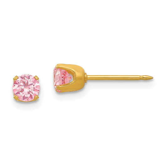 Piercing only Stainless Steel 24K Gold-plated 5mm Pink CZ Earrings