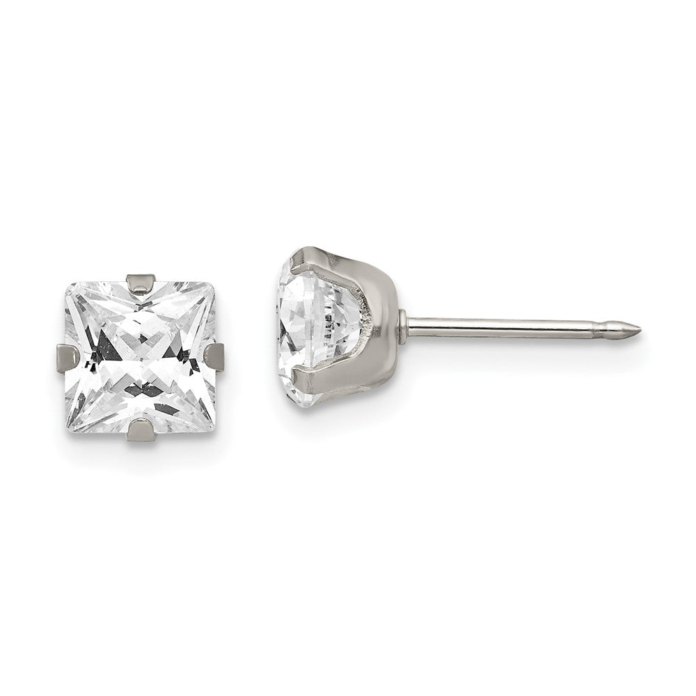 Piercing only Stainless Steel 7mm Faceted Square CZ Earrings
