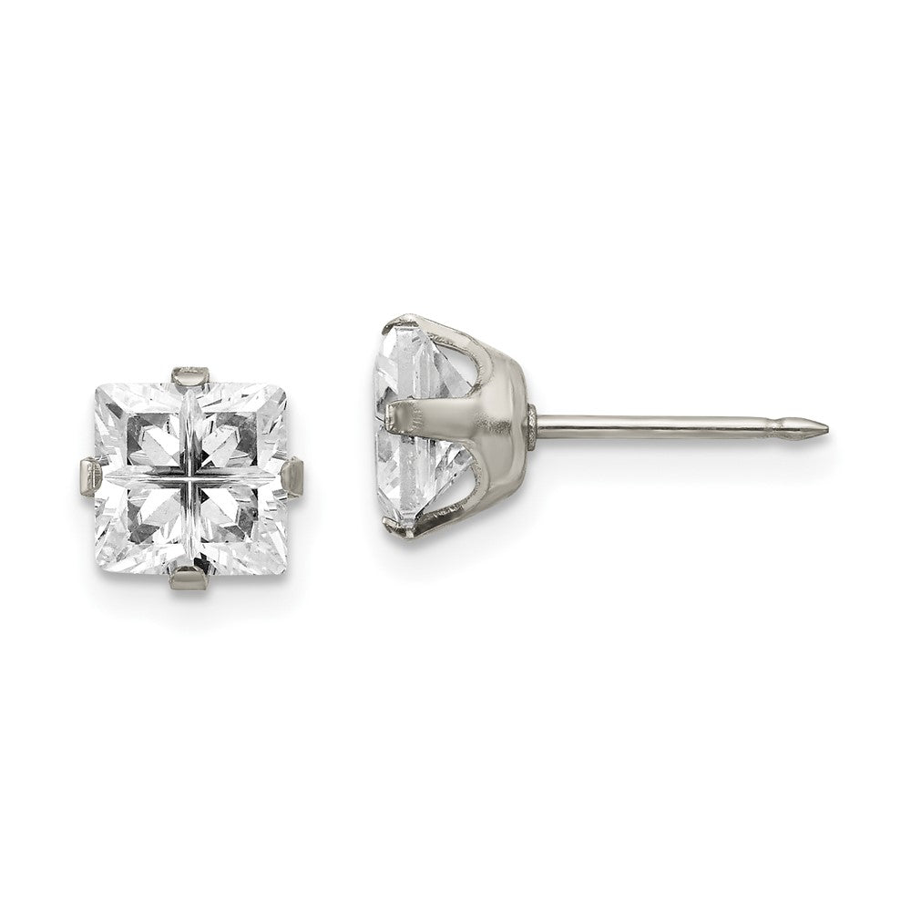 Piercing only Stainless Steel 7mm Faceted Square CZ Earrings