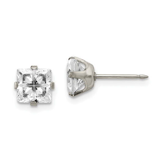 Piercing only Stainless Steel 7mm Faceted Square CZ Earrings