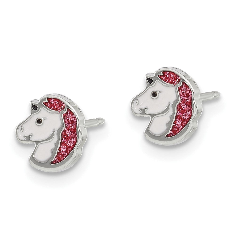 Piercing only Stainless Steel White and Pink Glitter Enamel Unicorn Earrings