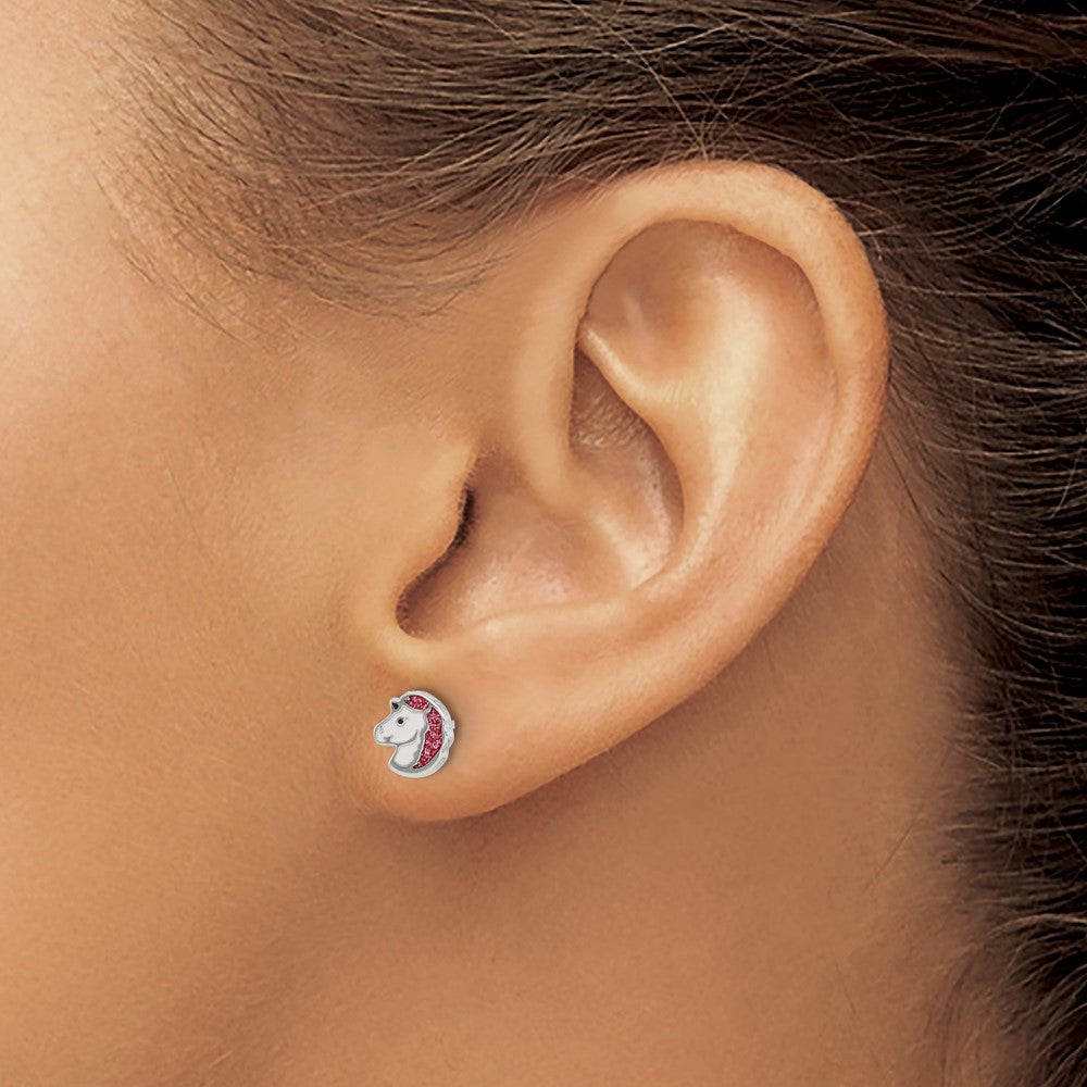 Piercing only Stainless Steel White and Pink Glitter Enamel Unicorn Earrings