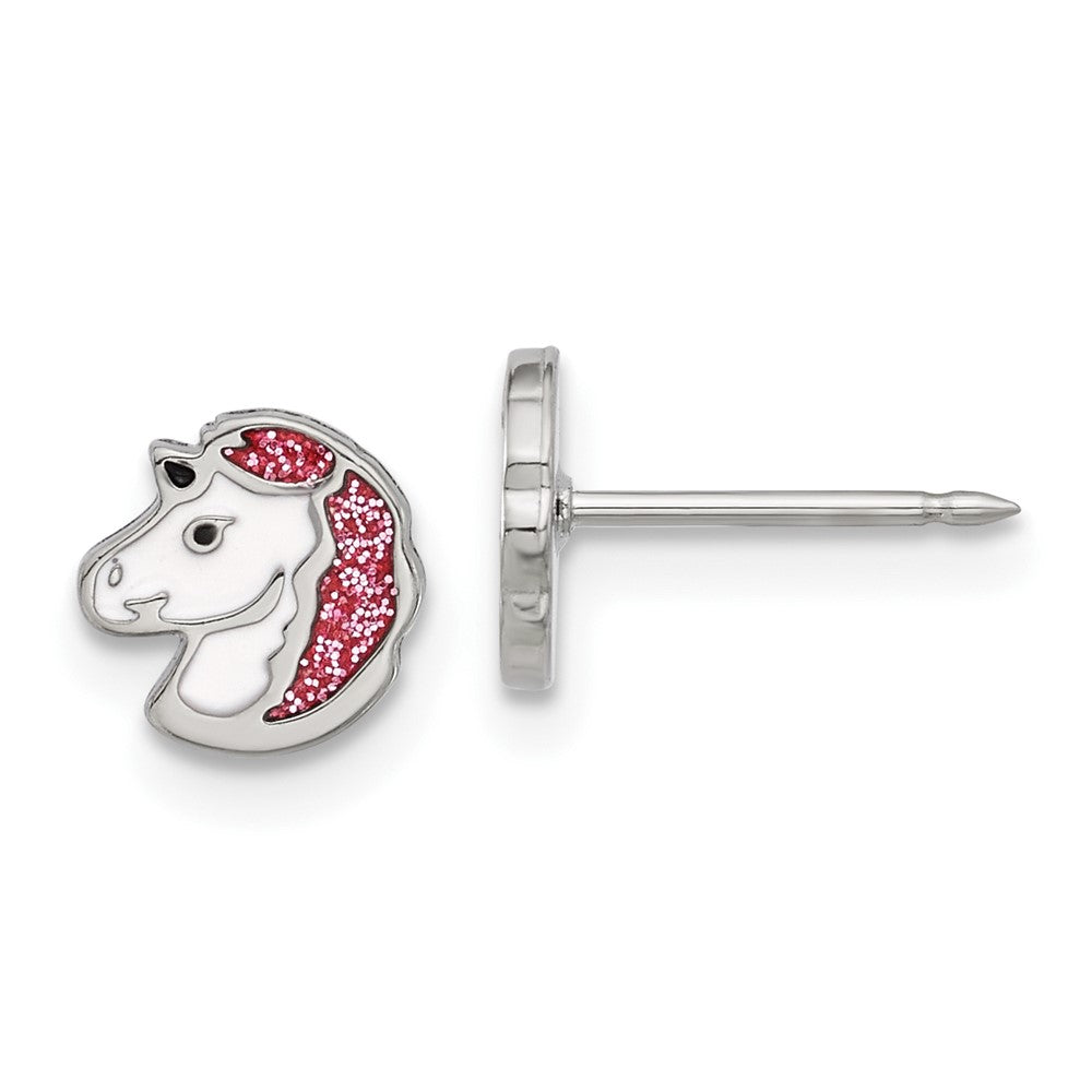 Piercing only Stainless Steel White and Pink Glitter Enamel Unicorn Earrings