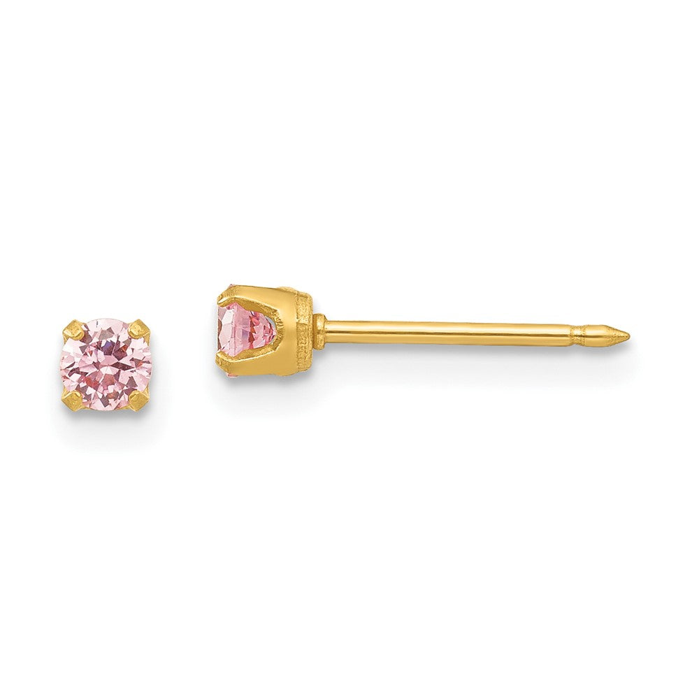 Piercing only Stainless Steel 24K Gold-plated 3mm Pink CZ Post Earrings