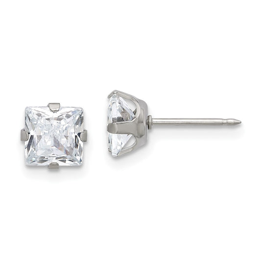 Piercing only Stainless Steel 6mm Square CZ Post Earrings