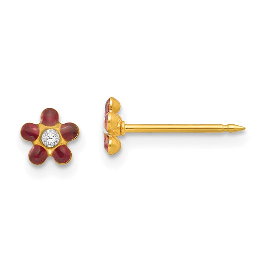 Piercing only 14k January Red Crystal Birthstone Flower Earrings