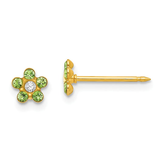 Piercing only 14k August Lt Green Crystal Birthstone Flower Earrings