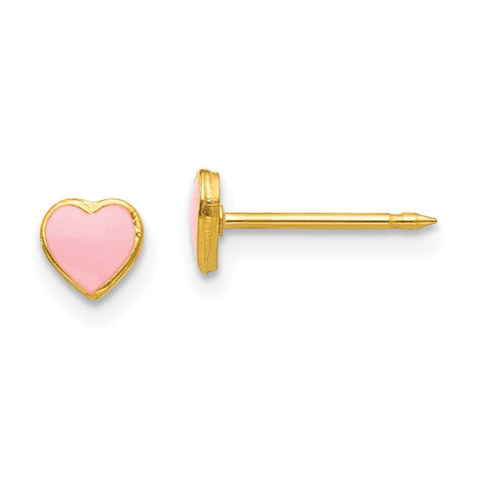 Piercing only Stainless Steel 24K Gold-plated Pink Enamel Heart Earrings