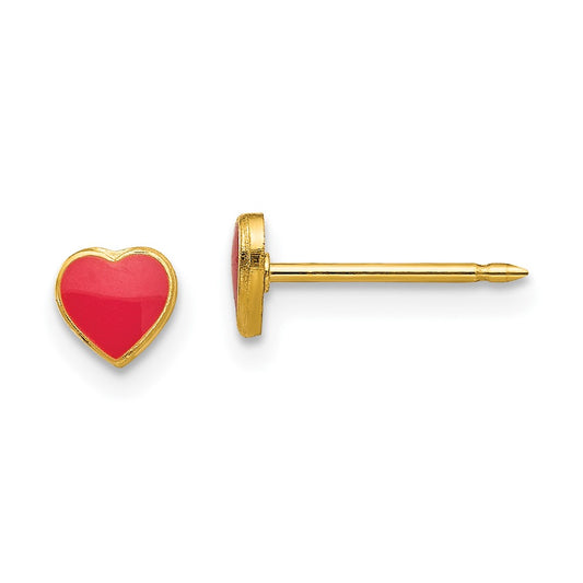Piercing only Stainless Steel 24K Gold-plated Red Enamel Heart Earrings