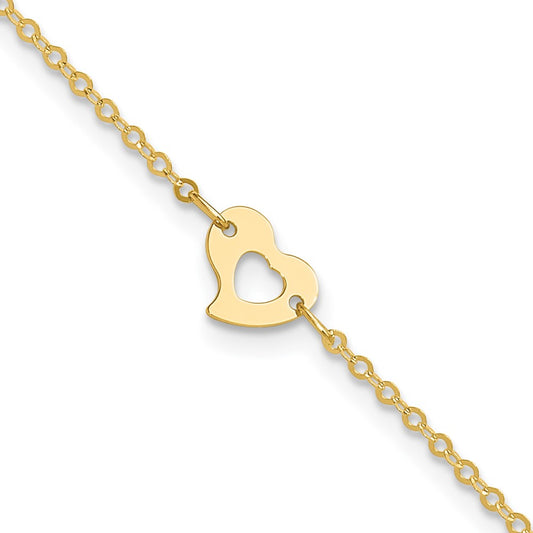 14k Polished Heart 9in Plus 1in ext Anklet