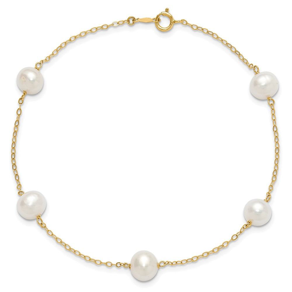 14k 7-8mm White Near-Round Freshwater Cultured Pearl 5-Station 9 inch Anklet