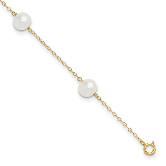 14k 7-8mm White Near-Round Freshwater Cultured Pearl 5-Station 9 inch Anklet