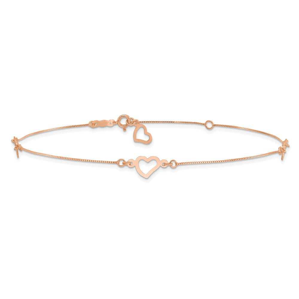 14k Rose Gold  Adjustable Fancy Heart 9in Plus 1in Ext. Anklet