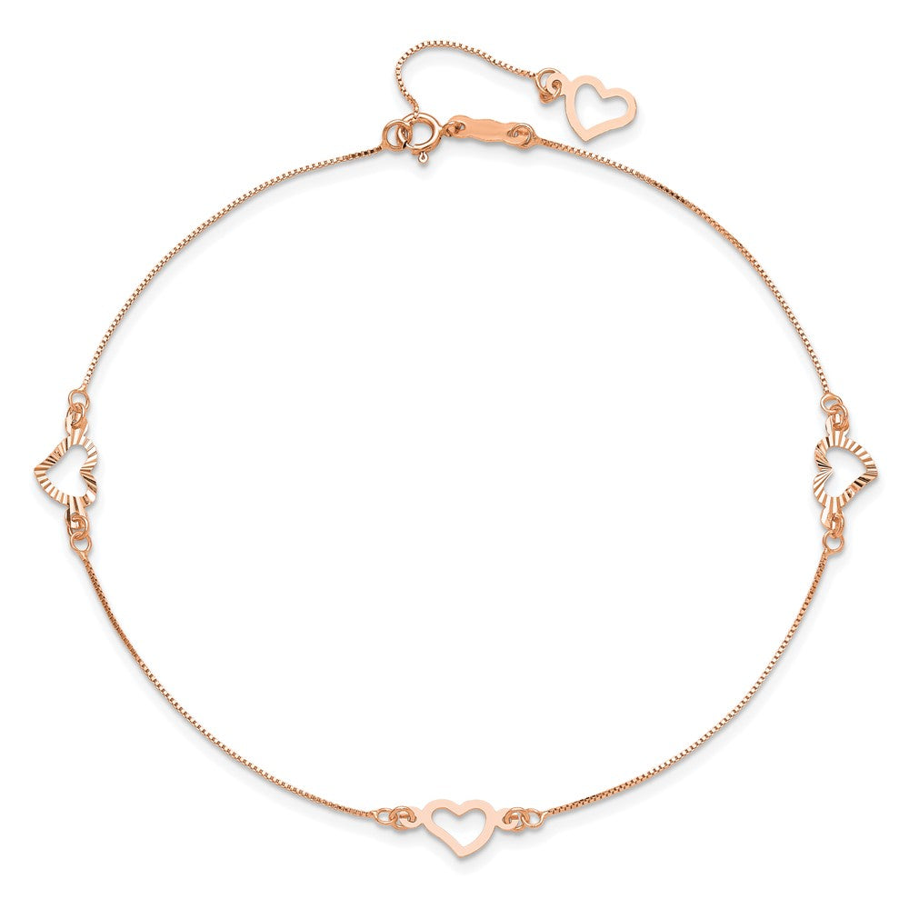 14k Rose Gold  Adjustable Fancy Heart 9in Plus 1in Ext. Anklet