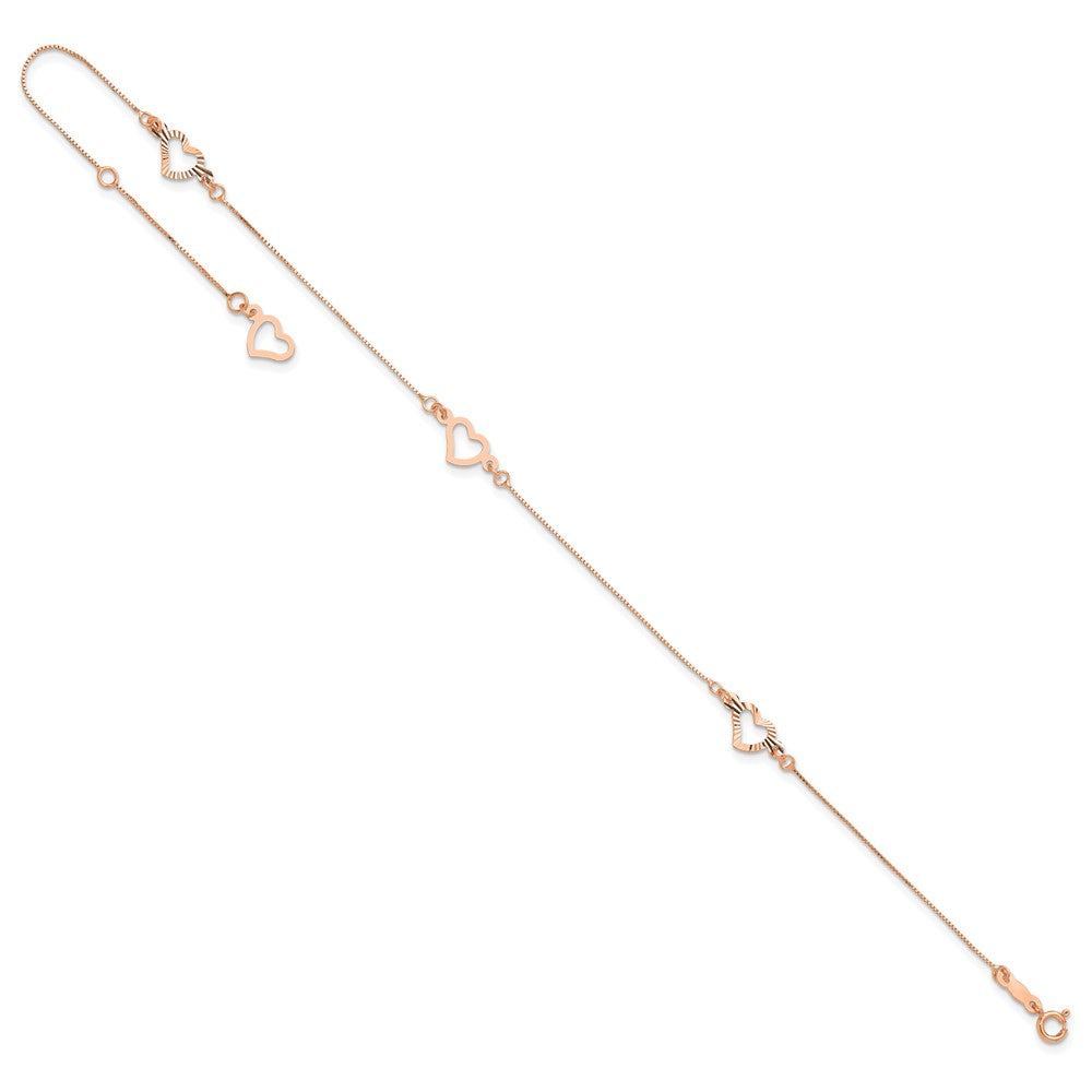 14k Rose Gold  Adjustable Fancy Heart 9in Plus 1in Ext. Anklet