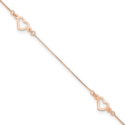 14k Rose Gold  Adjustable Fancy Heart 9in Plus 1in Ext. Anklet