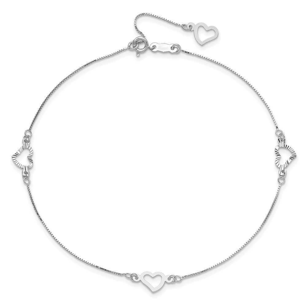 14K White Gold Fancy Heart 9in Plus 1in ext. Anklet