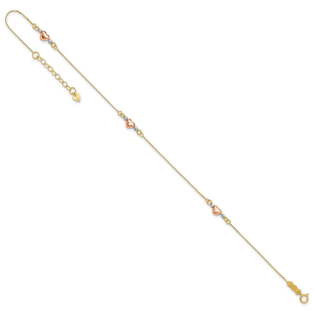 14k Tri-Color Puffed Heart 10in Plus 1in ext Anklet