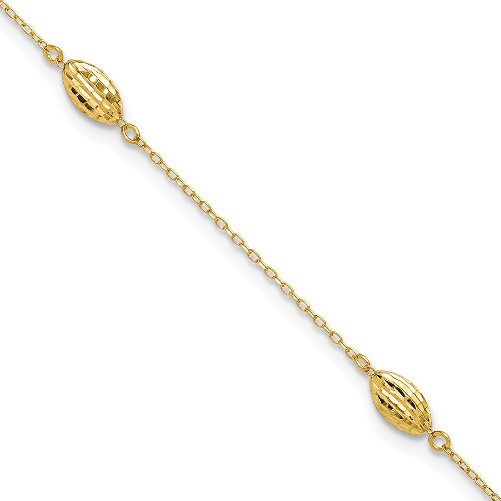 14k Polished Puffed Rice Bead 10in Plus 1in ext. Anklet