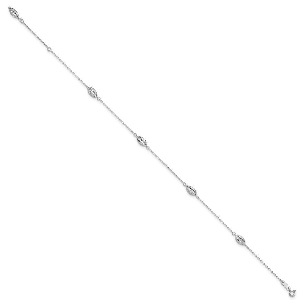 14k White Gold Puffed Rice Bead 10in Plus 1in ext. Anklet