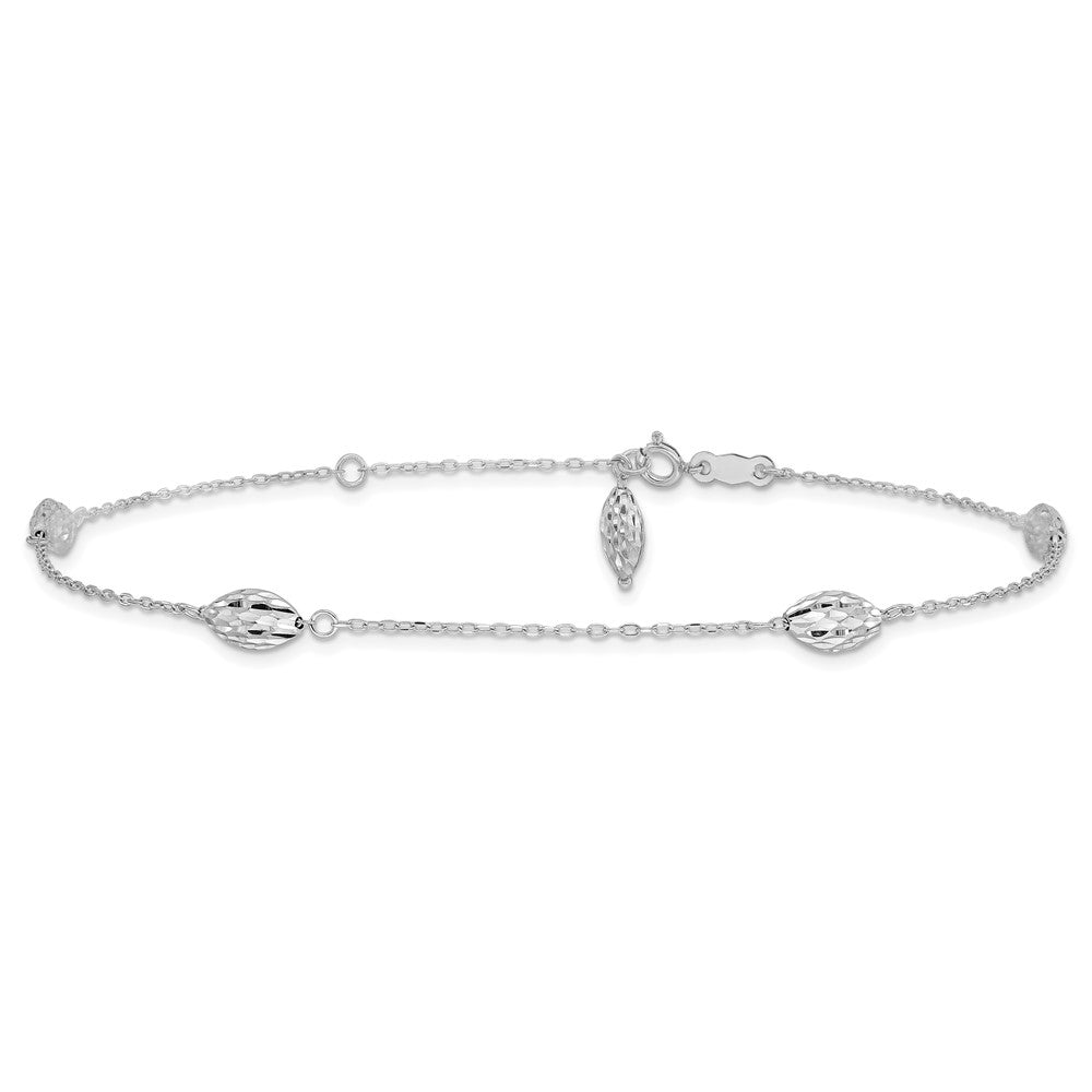 14k White Gold Puffed Rice Bead 10in Plus 1in ext. Anklet