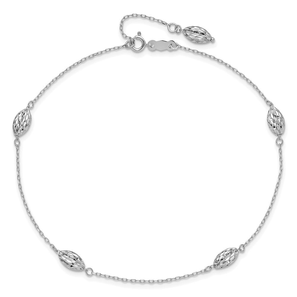 14k White Gold Puffed Rice Bead 10in Plus 1in ext. Anklet