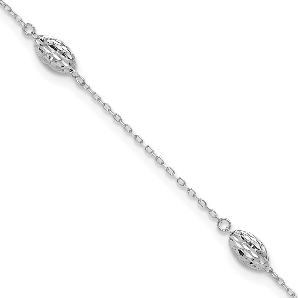 14k White Gold Puffed Rice Bead 10in Plus 1in ext. Anklet