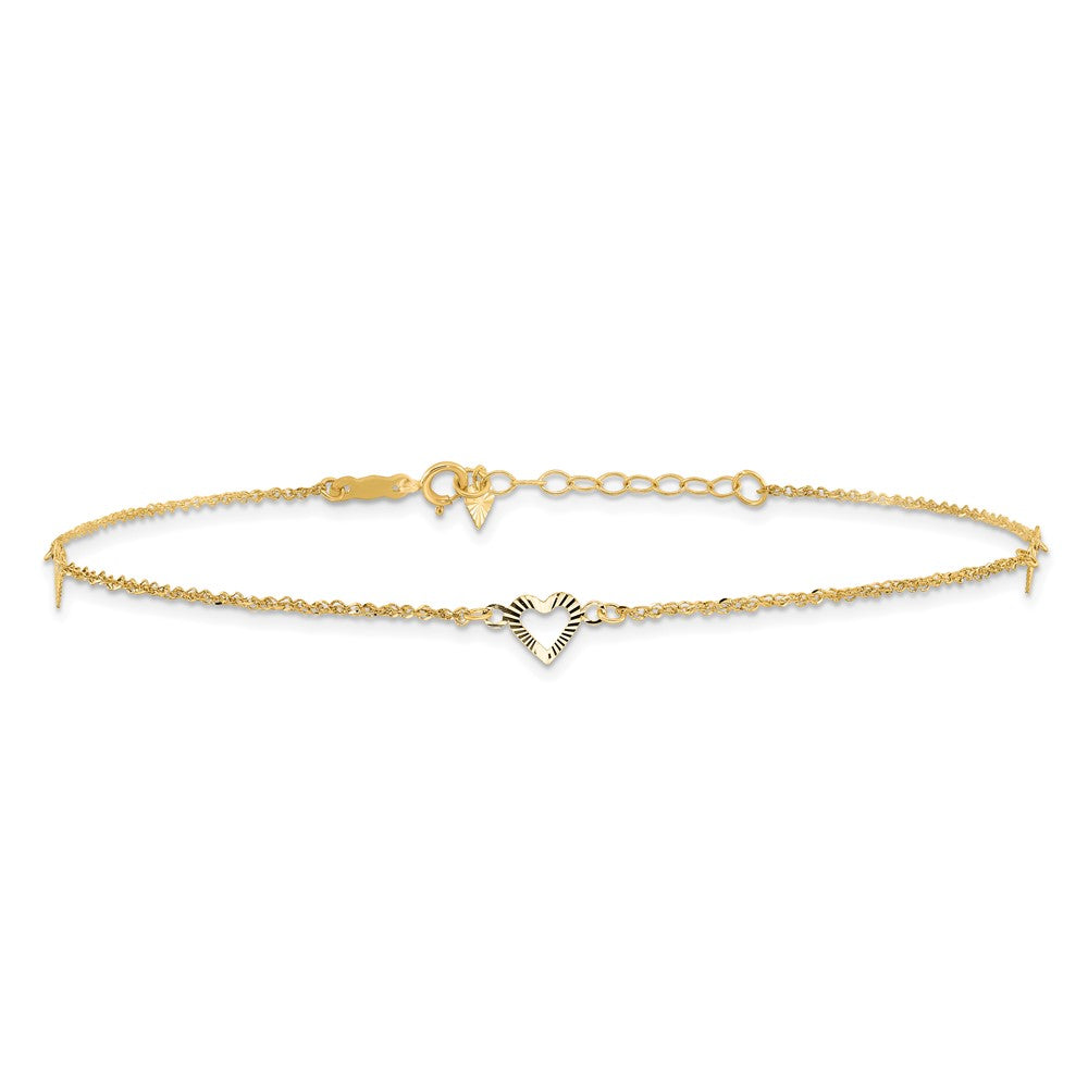 14k Diamond-cut Hearts 10in Plus 1in ext Anklet