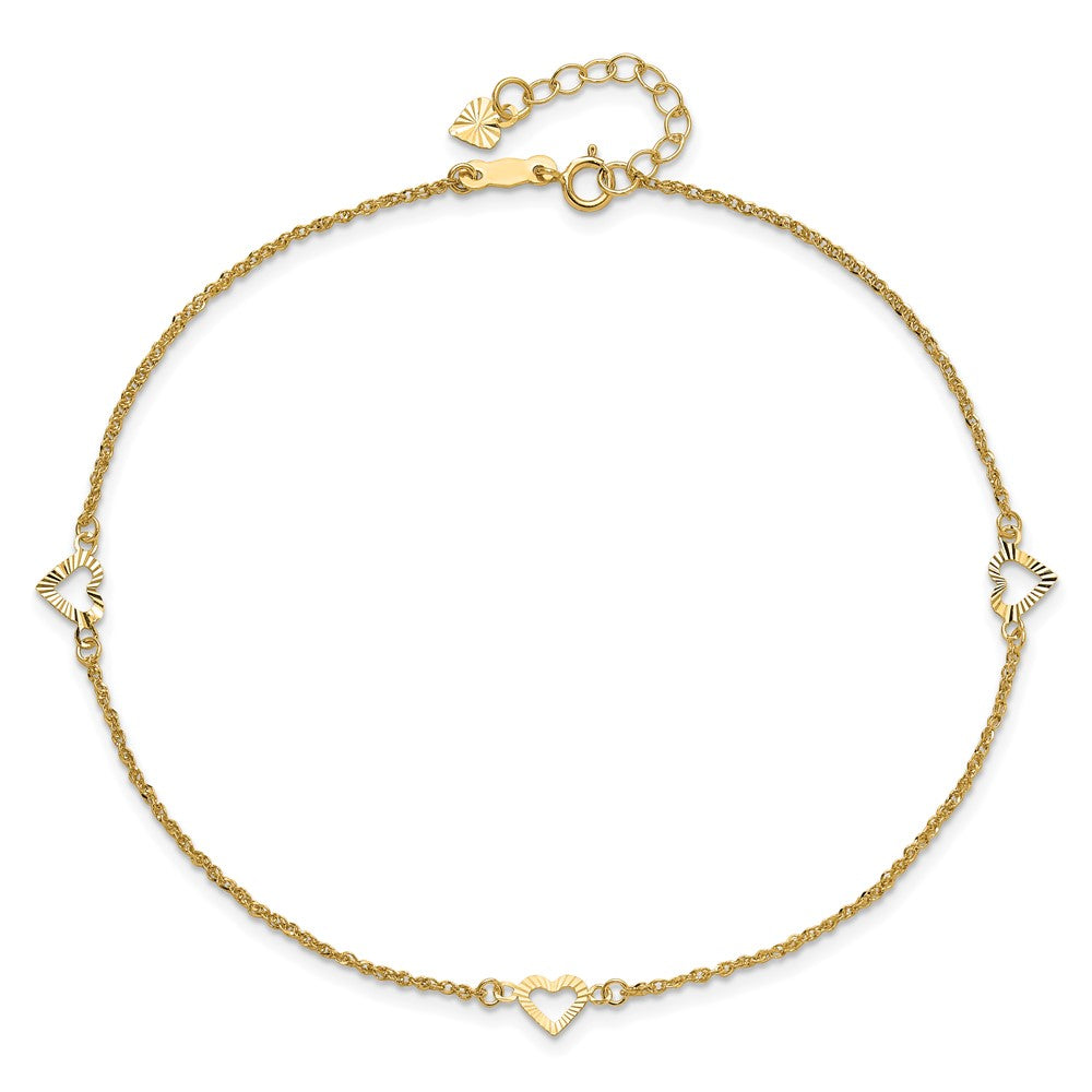 14k Diamond-cut Hearts 10in Plus 1in ext Anklet