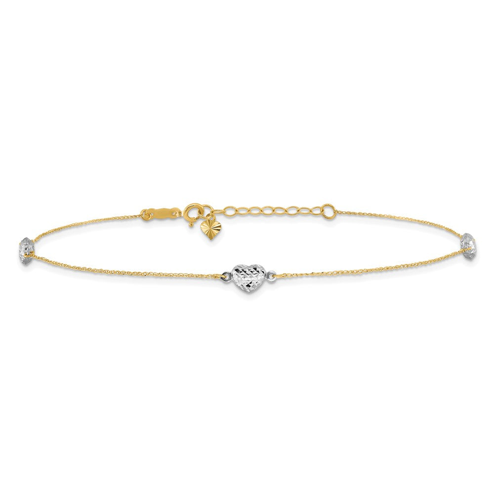 14k Two-tone Puff Heart 10in Plus 1in ext Anklet