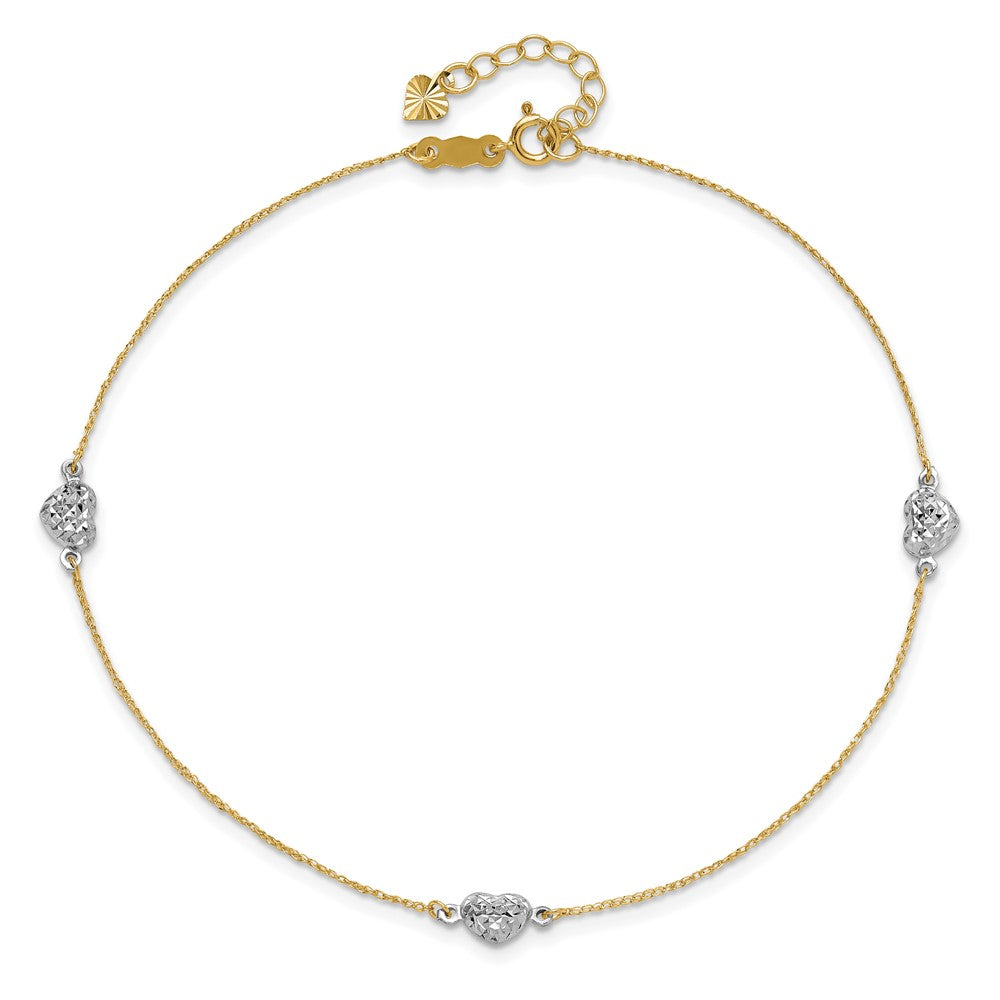 14k Two-tone Puff Heart 10in Plus 1in ext Anklet