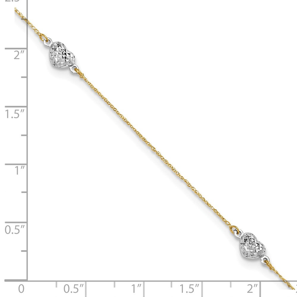 14k Two-tone Puff Heart 10in Plus 1in ext Anklet