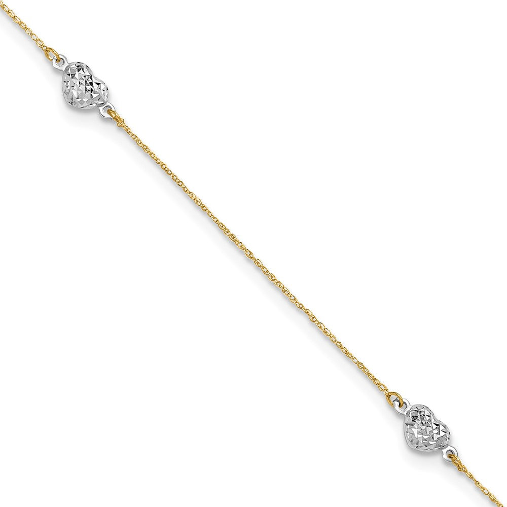 14k Two-tone Puff Heart 10in Plus 1in ext Anklet