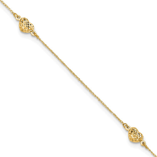 14k Puff Heart 9in Plus 1in ext. Anklet