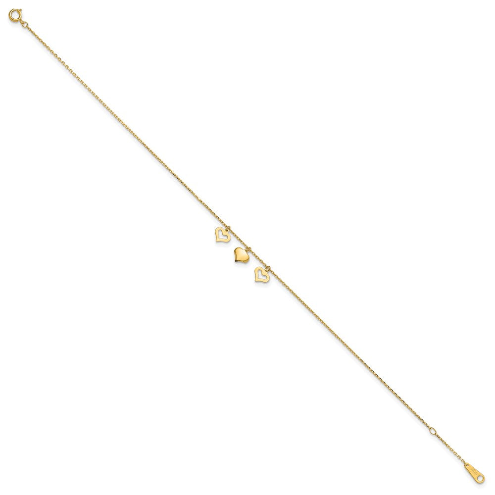 14k 3 Hearts 10inch Plus 1 inch Extension Anklet