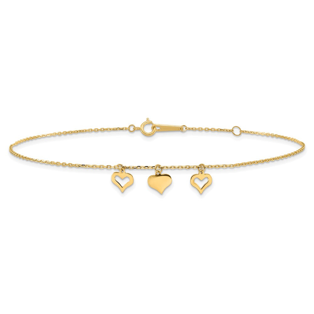 14k 3 Hearts 10inch Plus 1 inch Extension Anklet
