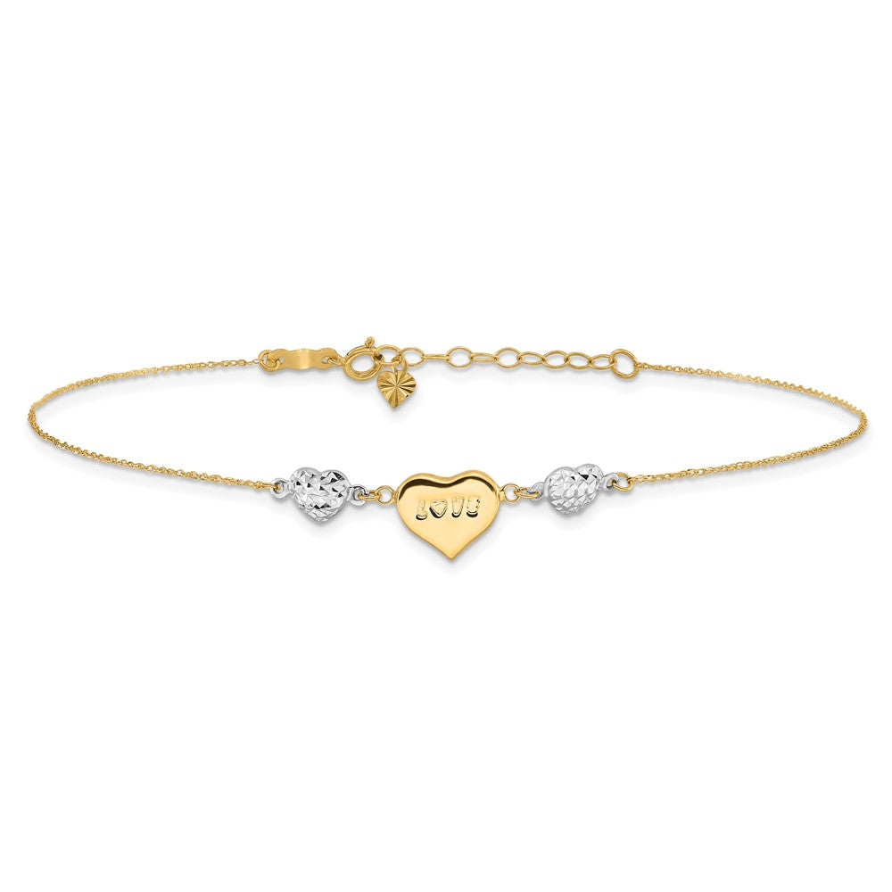 14K Two-tone Diamond-cut Puffed Heart LOVE 10in Plus 1in ext. Anklet
