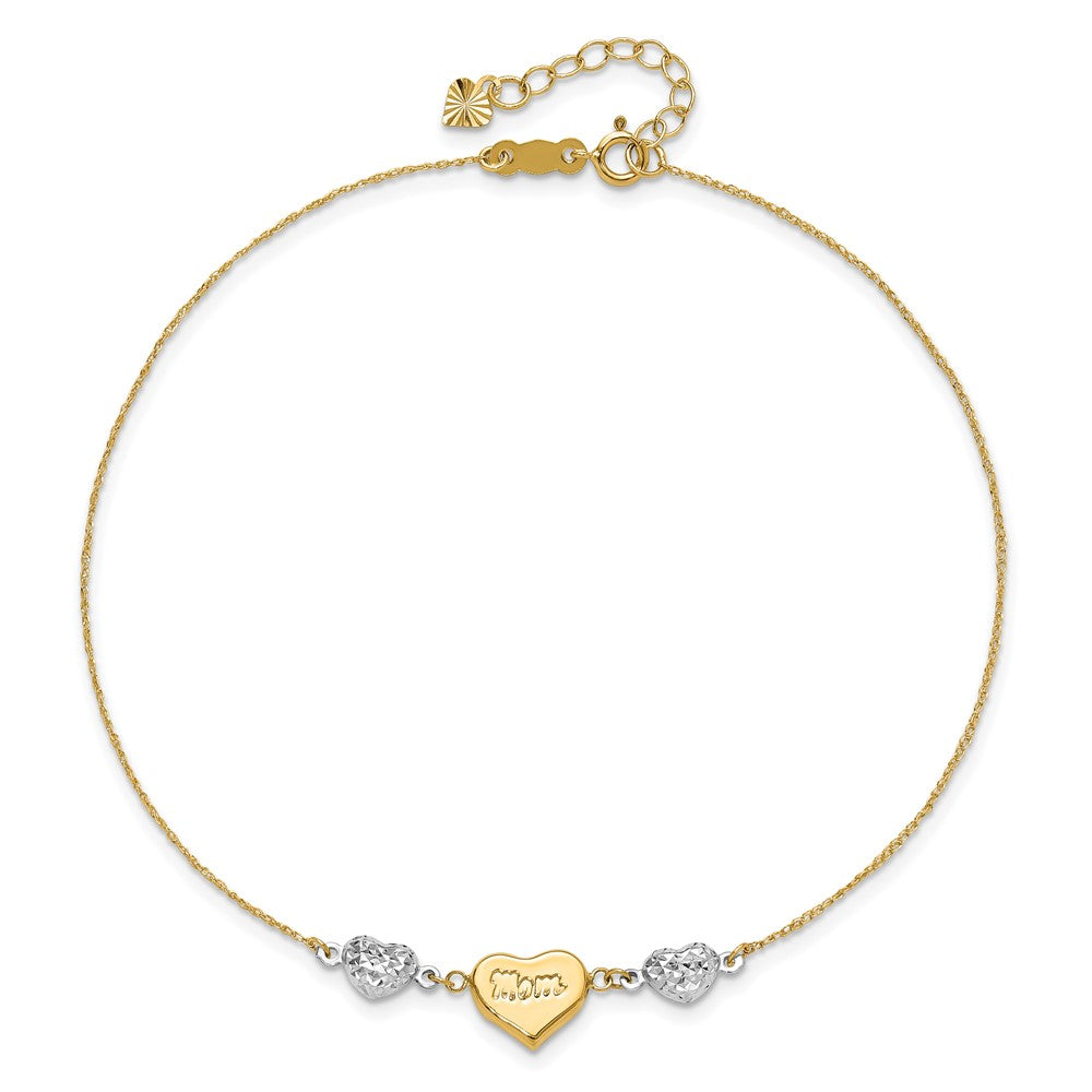 14K Two-tone Diamond-cut Puffed Hearts MOM 9in Plus 1in ext Anklet