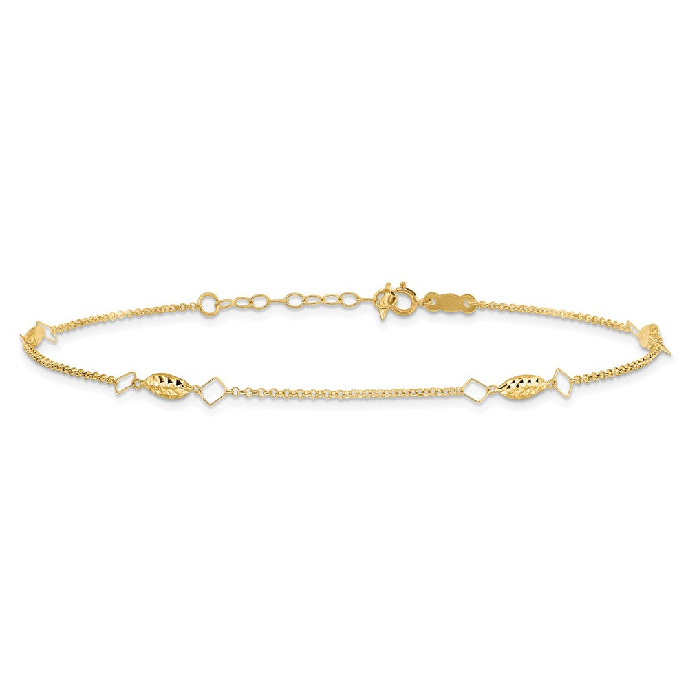 14K Circle Chain Diamond Cut Rice Puff Beads 9in Plus 1in Ext Anklet
